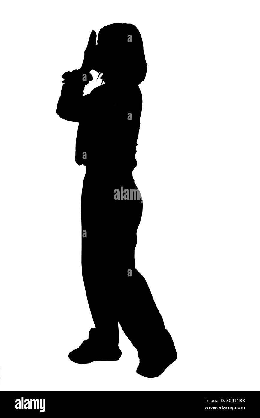 Silhouette einer Seitenansicht einer Frau, die ihr Gesicht mit ihren Händen auf weißem Hintergrund bedeckt Stockfoto