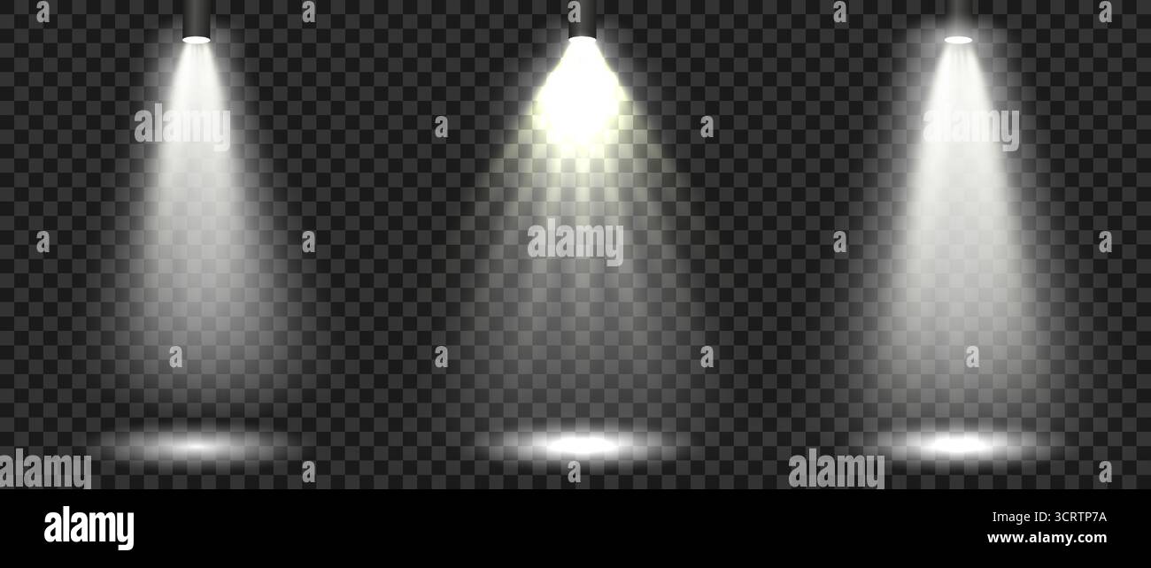 Vektorsatz von Bühnenstrahlern mit leuchtenden Strahlen und Lichteffekten auf transparentem Hintergrund. Perfekt für Konzertdesign, Theaterplakate, Partyflye Stock Vektor