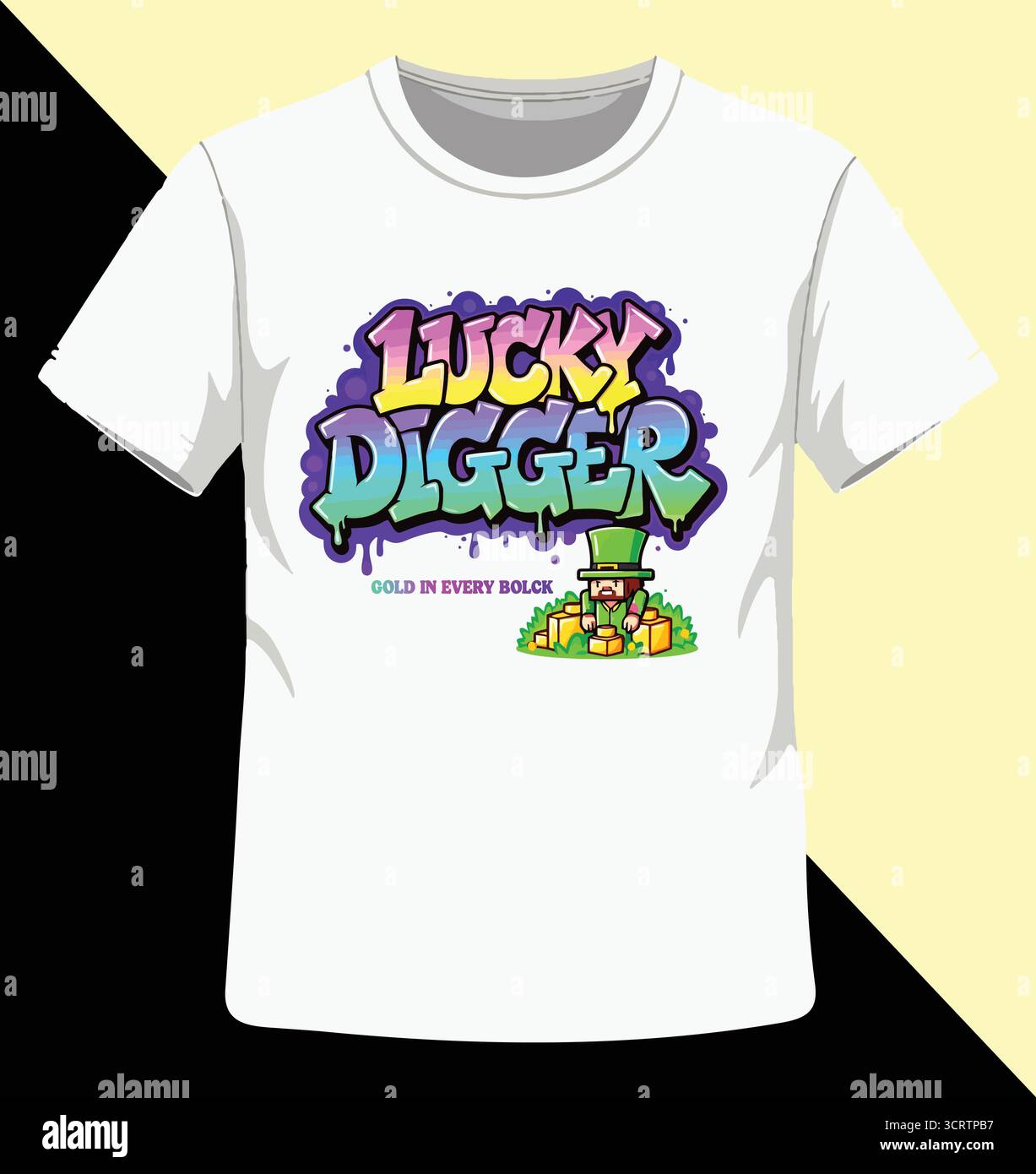 Lucky Digger T-Shirt Vektor Design, Cartoon Gold Miner, Leprechaun Charakter, Graffiti Typografie, Schatzgrafik Stock Vektor