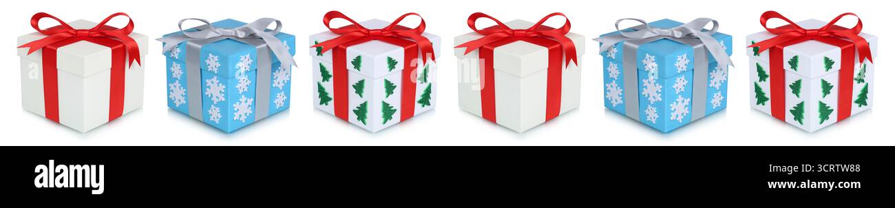 Weihnachtsgeschenke Geschenkbox Präsent Präsente in einer Reihe isoliertes Banner auf weißem Hintergrund Stockfoto