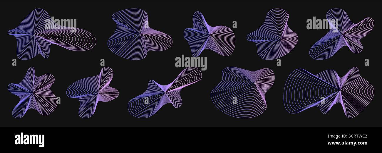 Abstrakte Welligkeitskreise, isoliert auf schwarzem Hintergrund. Vektorillustration von organischen kurvigen Ringen, amorphem Kartentopographiemuster, Schallvibrationen, holographischen Wellenformen, Pulsstrukturdesign Stock Vektor