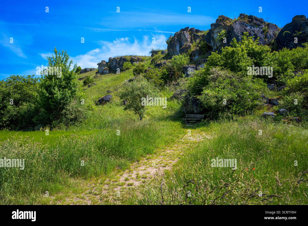 Ruheplatz unter Felsen im Altmühltal Stockfoto