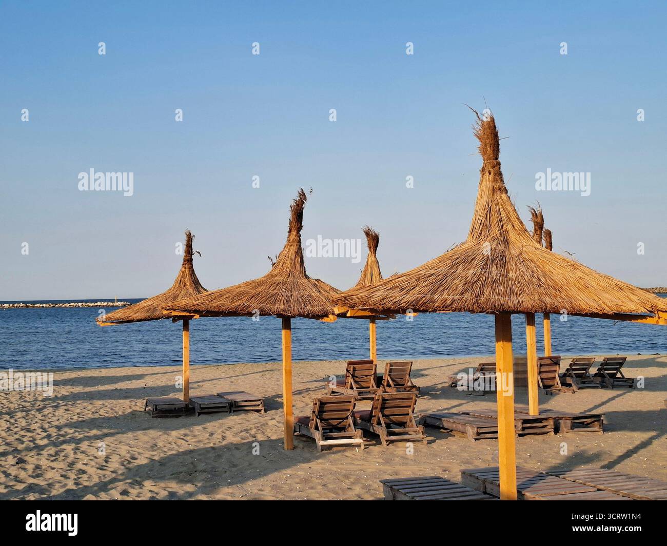 Sonnenschirme und Liegestühle am Strand am Schwarzen Meer. In Mamaia, Constanta Stockfoto