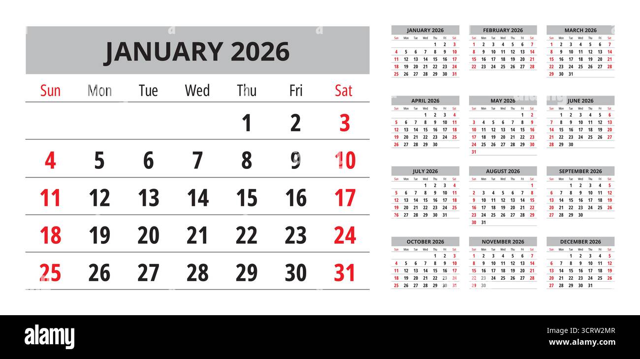 Kalendersatz 2026. Vektorsammlung des englischen monatlichen Seitenkalenders. Design Sonntag Start Stock Vektor