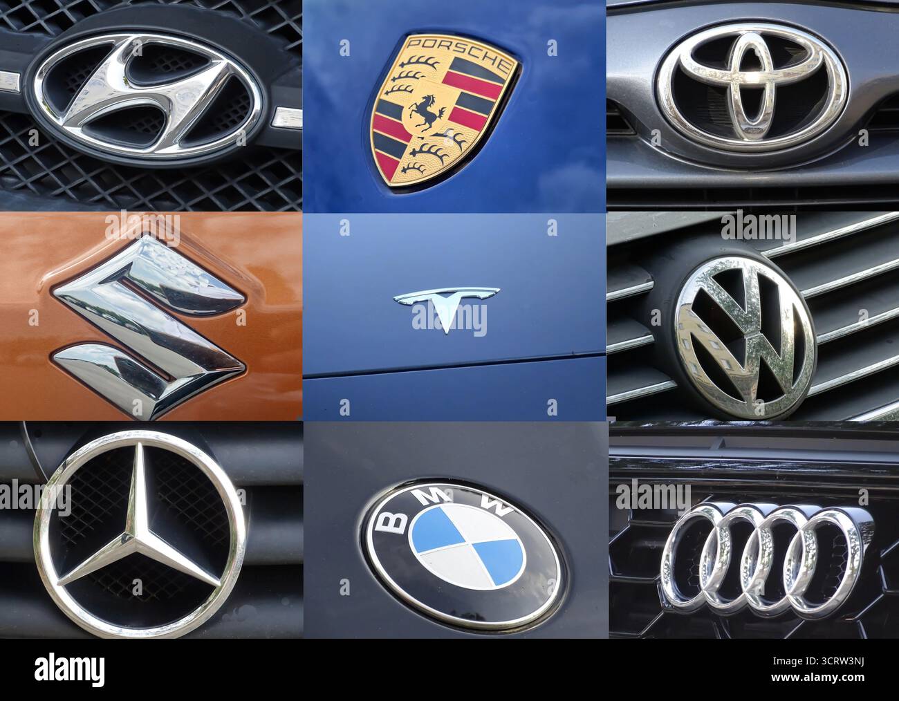 Baia Mare, Rumänien - 29. Januar 2025: Collage mit den Logos mehrerer Autohersteller: Hyundai, Porsche, Toyota, Suzuki, Tesla, Volkswagen, Merce Stockfoto