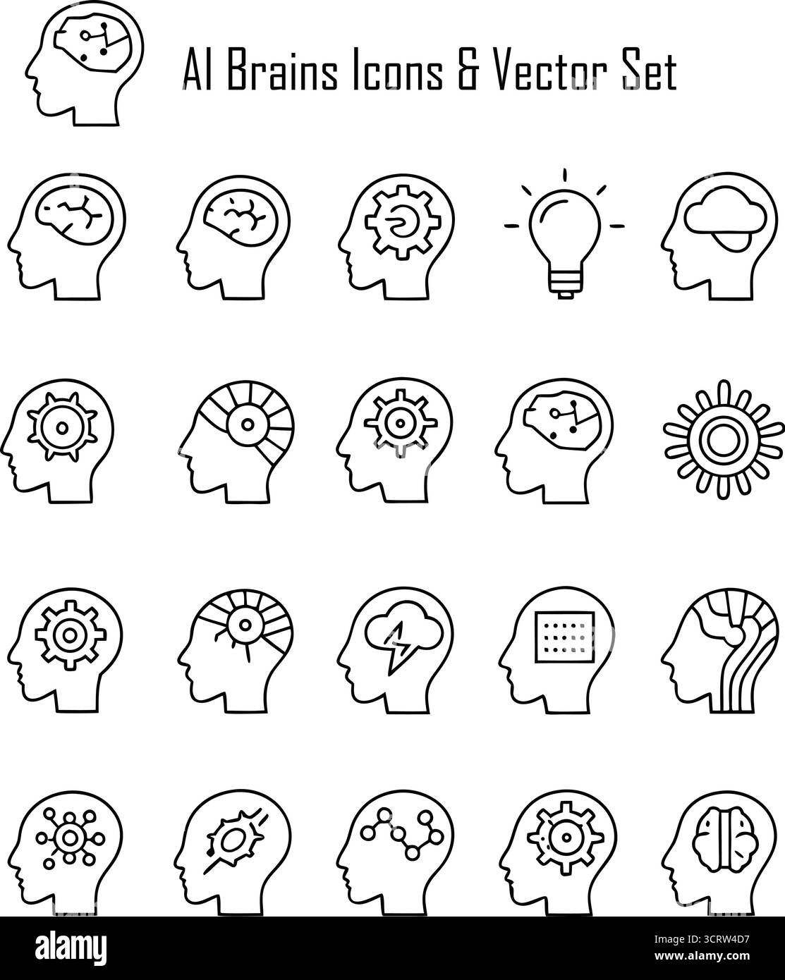 KI Brain Icons Vector Set – Künstliche Intelligenz, neuronale Netzwerke und Symbole für maschinelles Lernen für Technologie- und Innovationsdesign Stock Vektor