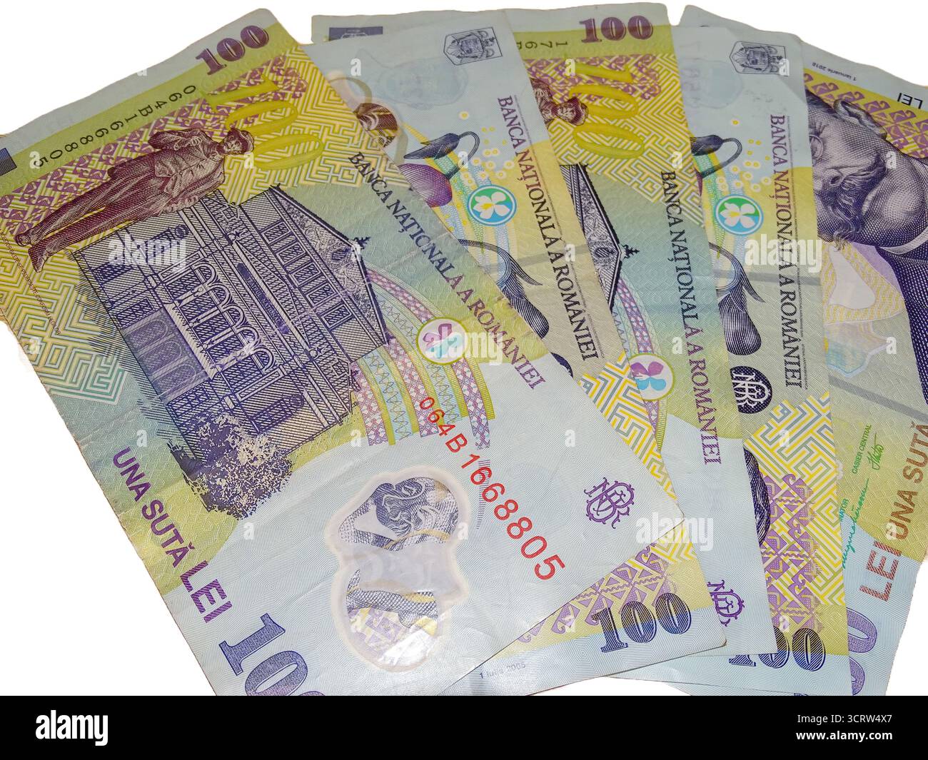 Stapel rumänischer Banknoten (Lei). Rumänisches Geld Stockfoto