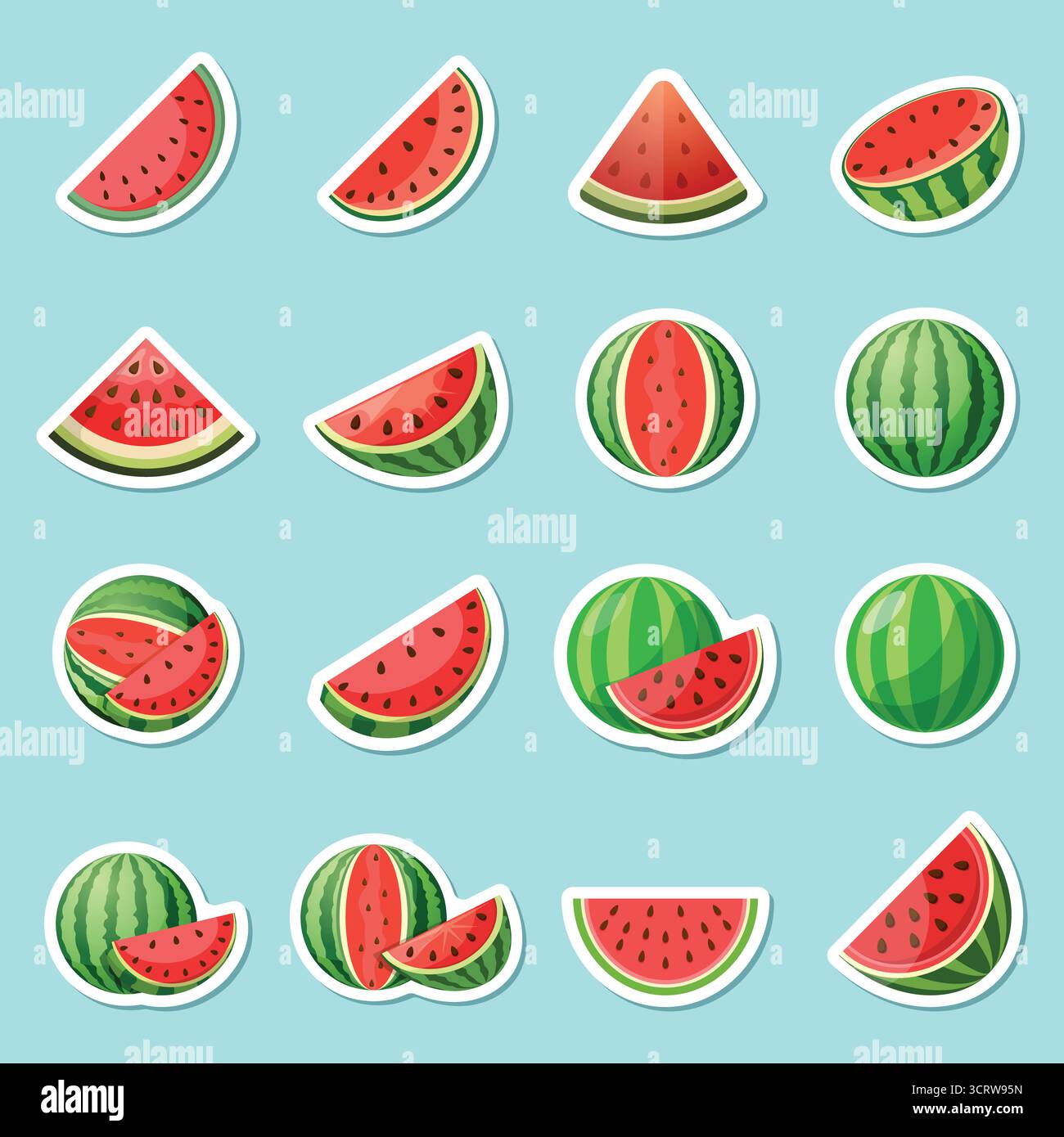 Kollektion mit Wassermelonen-Aufklebern im flachen Stil. Frische süße und gesunde Frucht Vektor-Illustration auf isoliertem Hintergrund. Sommer-Food-Schild Busin Stock Vektor