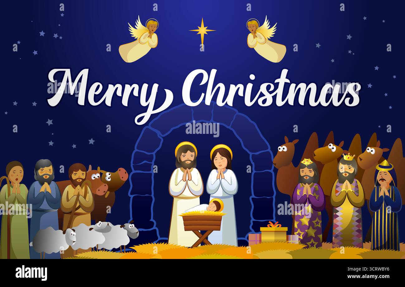 Fröhliches Weihnachtsbanner mit Bibelgeschichte im Cartoon-Stil. Stock Vektor