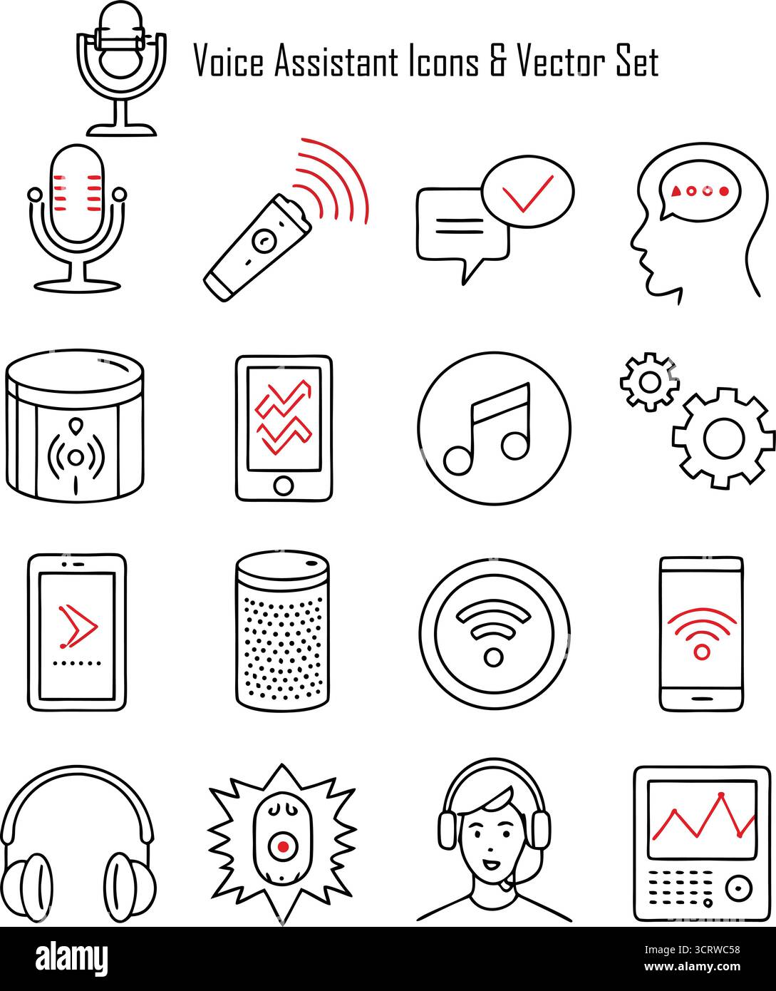 Sprachassistenten-Symbole Vektorsatz – Intelligente Technologie, KI-Interaktion und Spracherkennungssymbole für UI/UX-Design Stock Vektor