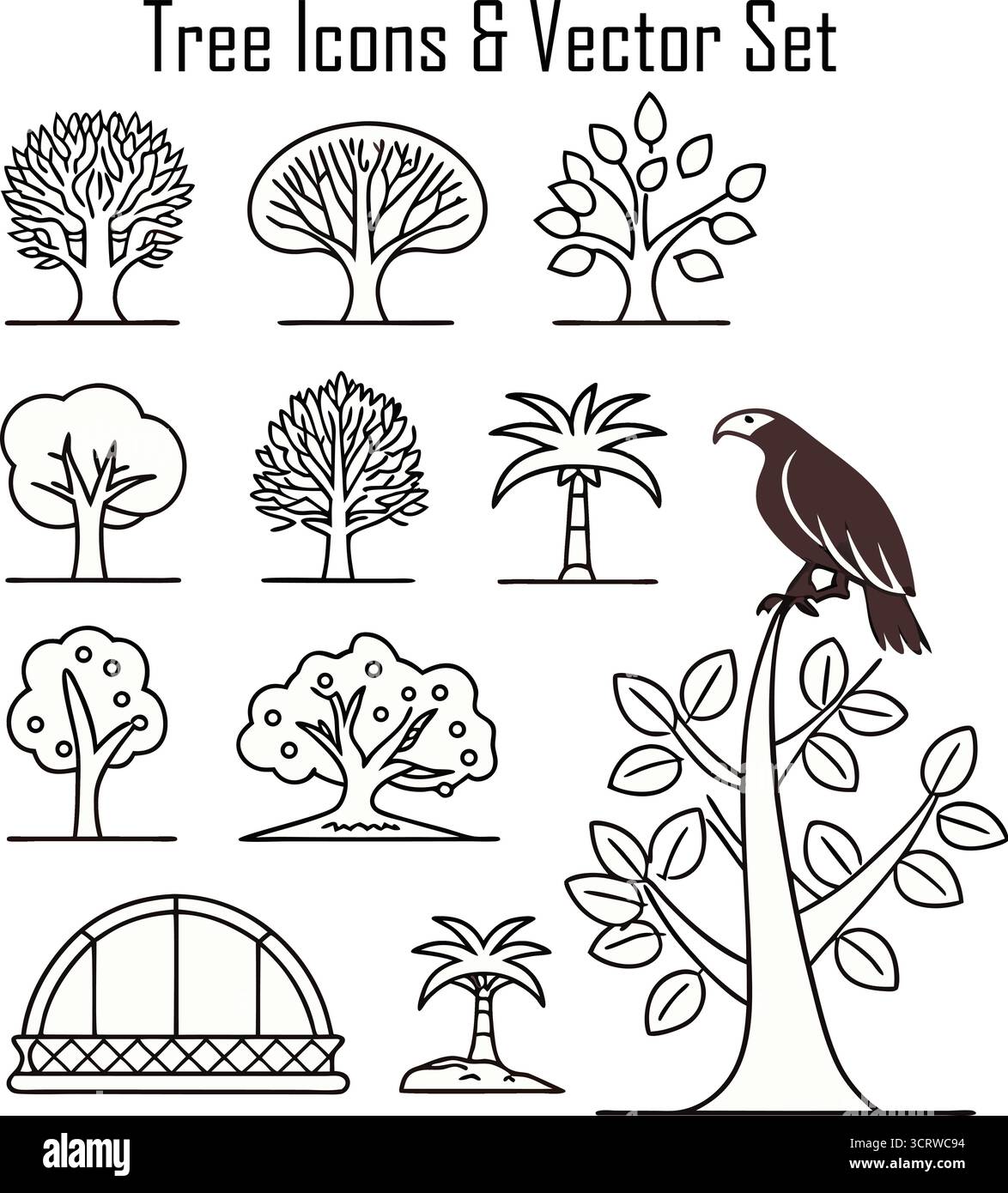 Stilisiertes Baum- und Natursymbole-Vektorset für Ökodesign, Branding, Bildung und Umweltkampagnen Stock Vektor