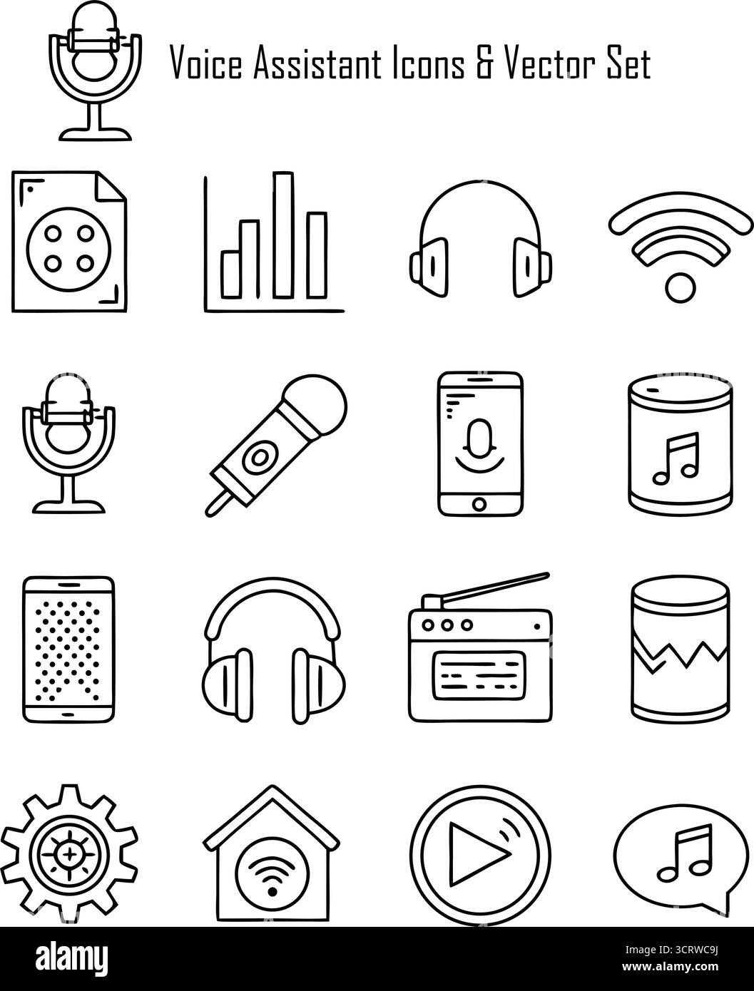 Sprachassistenten-Symbole Vektorsatz – Intelligente Technologie, KI-Interaktion und Spracherkennungssymbole für UI/UX-Design Stock Vektor