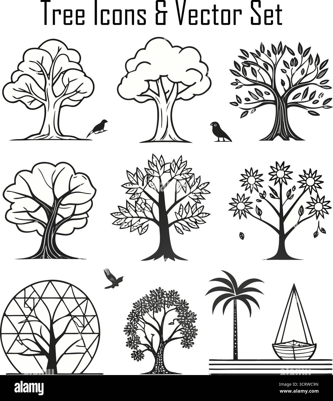 Stilisiertes Baum- und Natursymbole-Vektorset für Ökodesign, Branding, Bildung und Umweltkampagnen Stock Vektor