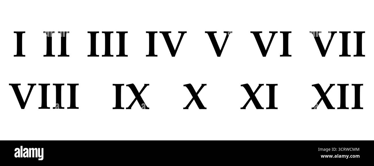 Römische Zahlen. Zahlen von eins bis zwölf. Typografieset. Vektorabbildung Stock Vektor