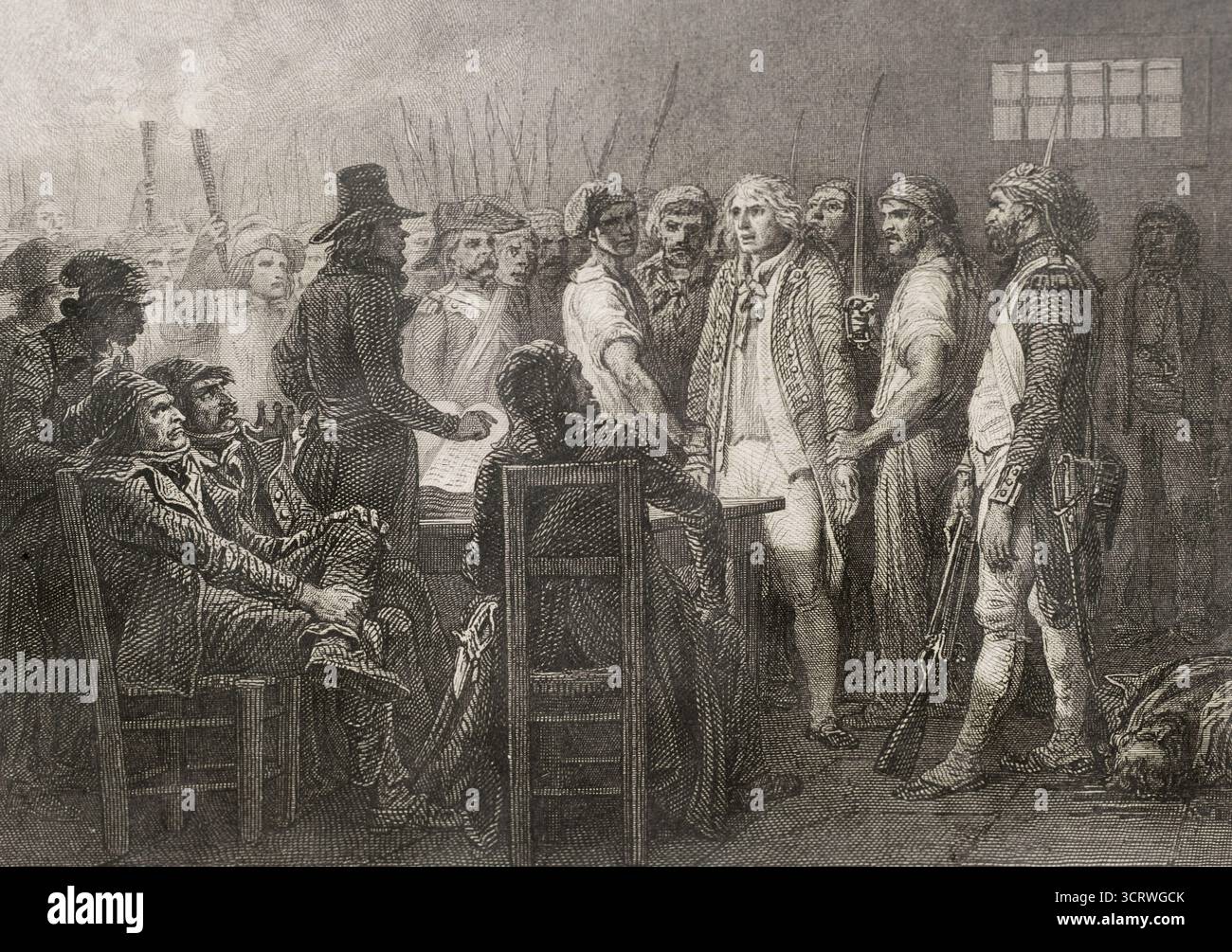 Französische Revolution. September-Massaker (2. Bis 6. September 1792). Die Revolutionäre führten Massenmorde unter der Gefängnisbevölkerung in ganz Frankreich, hauptsächlich in Paris, durch. Der französische Revolutionär Stanislas-Marie Maillard (1763–1794) leitet ein Tribunal, das beschließt, welche Gefangenen als Feinde der Revolution guillotiniert werden sollen, 2-3. September 1792. Zeichnung von Raffet. Stich von Burdet. Histoire de la Révolution Francaise (Geschichte der Französischen Revolution), von M. A. Thiers. Band II. Paris, Furne et Cie, 1845. Autor: Auguste Raffet (1804-1860). Französischer Künstler. Augustin Burdet (1798 1870 Stockfoto