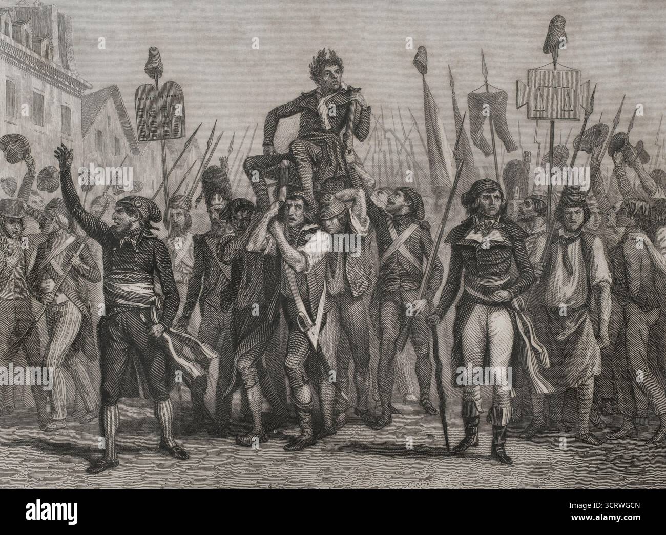 Jean-Paul Marat (1743-1793). Französischer Wissenschaftler und Arzt, der während der Französischen Revolution zu einem wichtigen Politiker wurde. Jakobiner Führer, er verteidigte den Terror. Triumph von Marat, 24. April 1793. Zeichnung von Raffet. Stich von Girardet. Histoire de la Révolution Francaise (Geschichte der Französischen Revolution), von M. A. Thiers. Band IV. Paris, Furne et Cie, 1845. Stockfoto