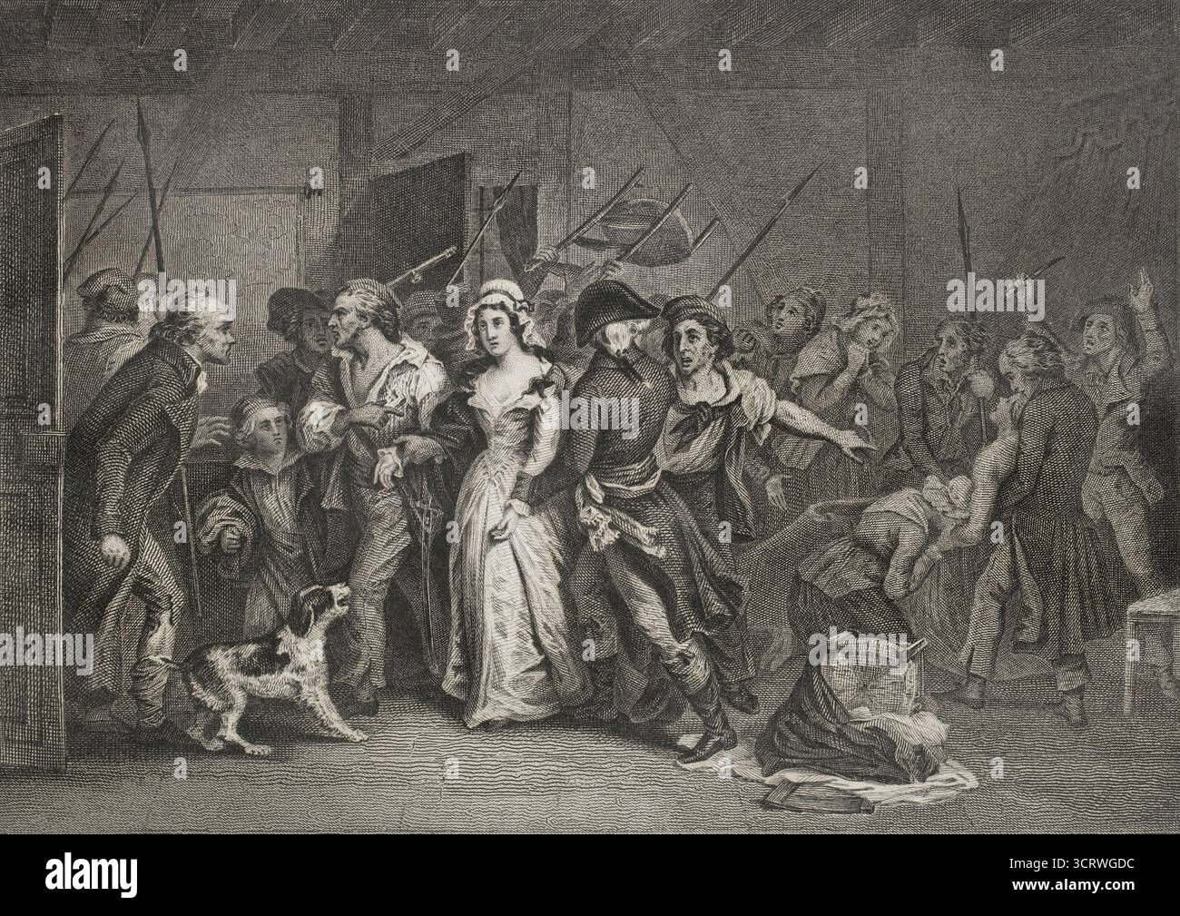 Jean-Paul Marat (1743-1793). Französischer Wissenschaftler und Arzt, der während der Französischen Revolution zu einem wichtigen Politiker wurde. Jakobiner Führer, er verteidigte den Terror. Ermordung von Marat, 13. Juli 1793. Verhaftung von Charlotte Corday (1768–1793), begleitet von einer Gruppe von Sans-Culottes, als sie den Raum verlässt. Zeichnung von Scheffer. Stich von Auguste Blanchard (1792-1849). Histoire de la Révolution Francaise (Geschichte der Französischen Revolution), von M. A. Thiers. Band IV. Paris, Furne et Cie, 1845. Autor: Auguste Blanchard (1792-1849). Französischer Graveur. Stockfoto