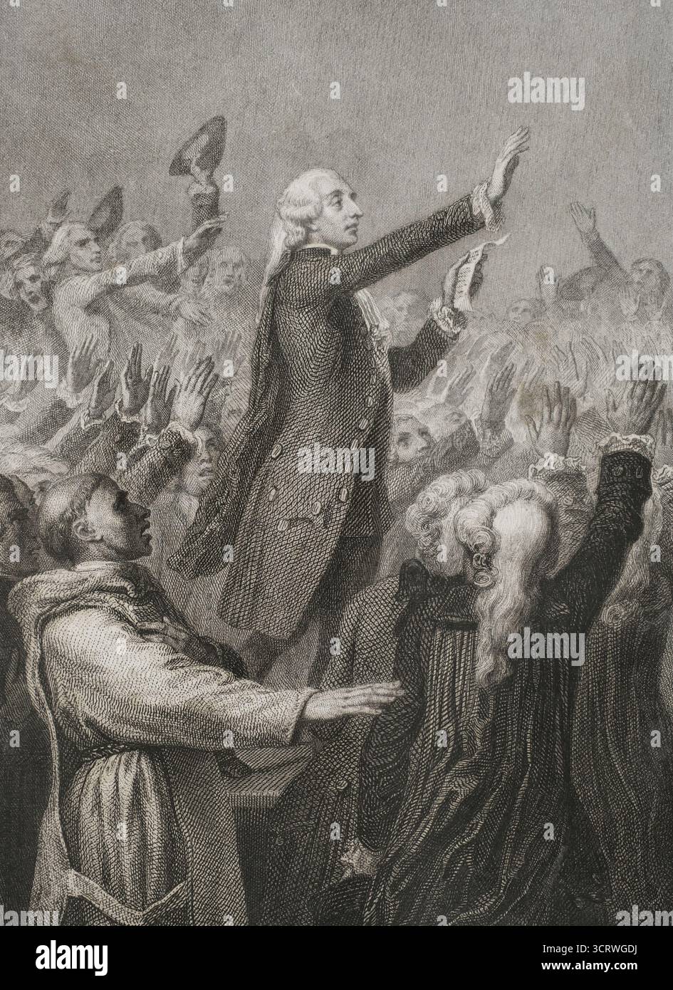 Französische Revolution. Tennisplatz-Eid (20. Juni 1789). Feierliches Versprechen der union mit dem Ziel, dem Ancien-Regime ein Ende zu bereiten. Sie fand auf einem Tennisplatz (Jeu de Paume) in Versailles von 578 französischen Abgeordneten statt. Sie wurden 1789 als Teil der Generalstände einberufen und waren mit überwältigender Mehrheit Mitglieder des Dritten Anwesens, mit einigen Vertretern des Klerus und des Adels. Zeichnung von Raffet. Stich von Burdet. Histoire de la Révolution Francaise (Geschichte der Französischen Revolution), von M. A. Thiers. Band I. Paris, Furne et Cie, 1845. Autor: Auguste Raffet (1804-1860). Französischer Künstler. Augusti Stockfoto