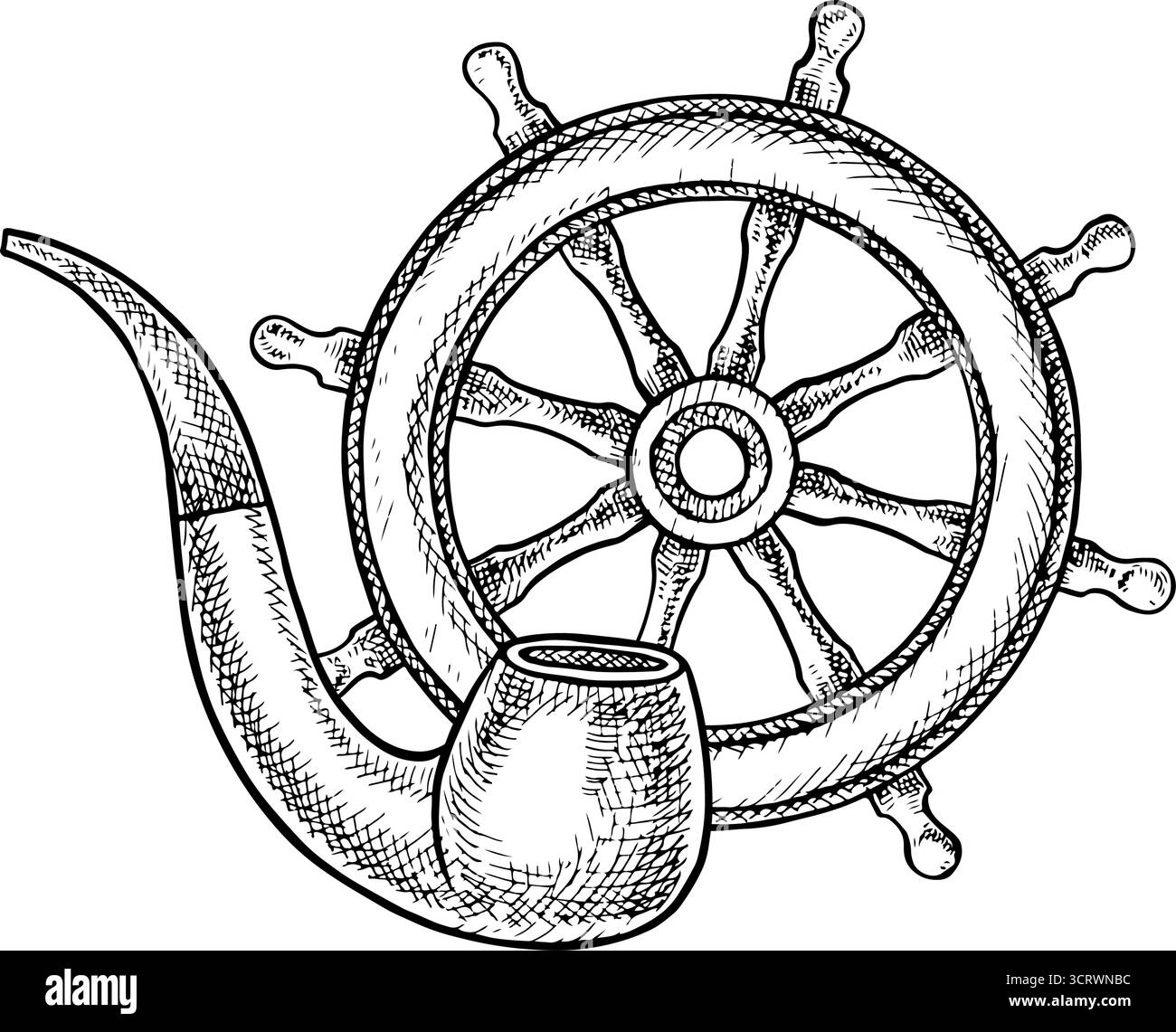 Schiffslenkrad und Rauchpfeife. Schwarzweiß-Grafiken, handgezeichnete Vektorabbildungen. Meeresmotiv. Für Aufkleber, Einladungskarten Stock Vektor