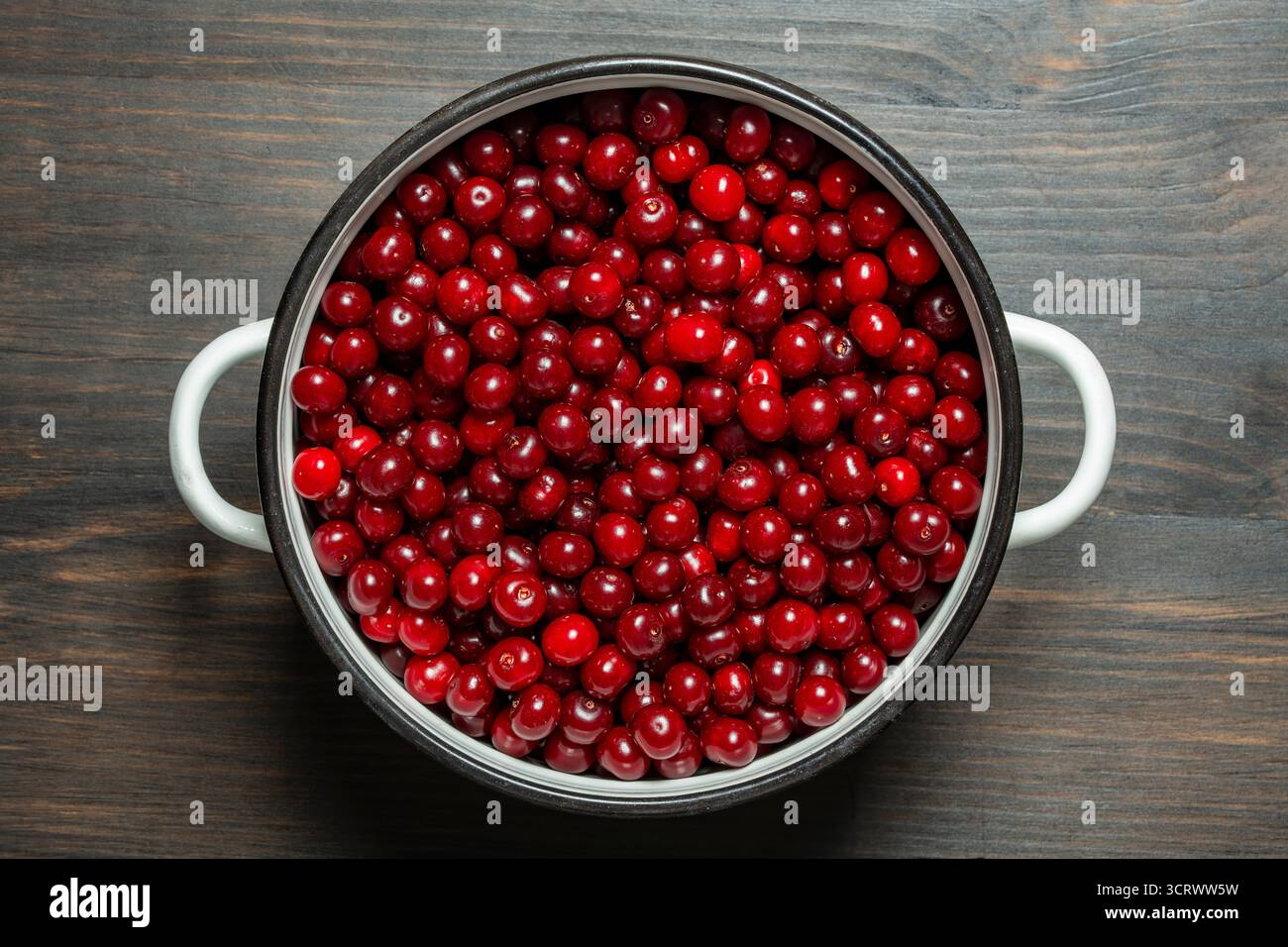Frische rote Kirschen stapelten sich hoch und zeigen die Früchte der Sommerernte. Hochglanzkirschen in einem Topf. Saftige Kirsche symbolisiert die Süße und Stockfoto