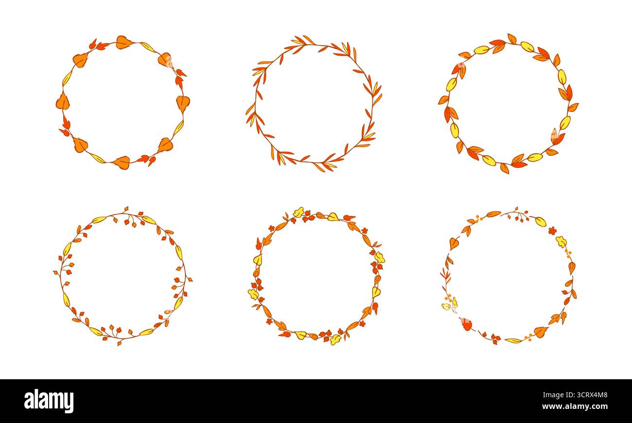 Handgezeichneter Satz von sechs Herbstblattkränzen Stock Vektor