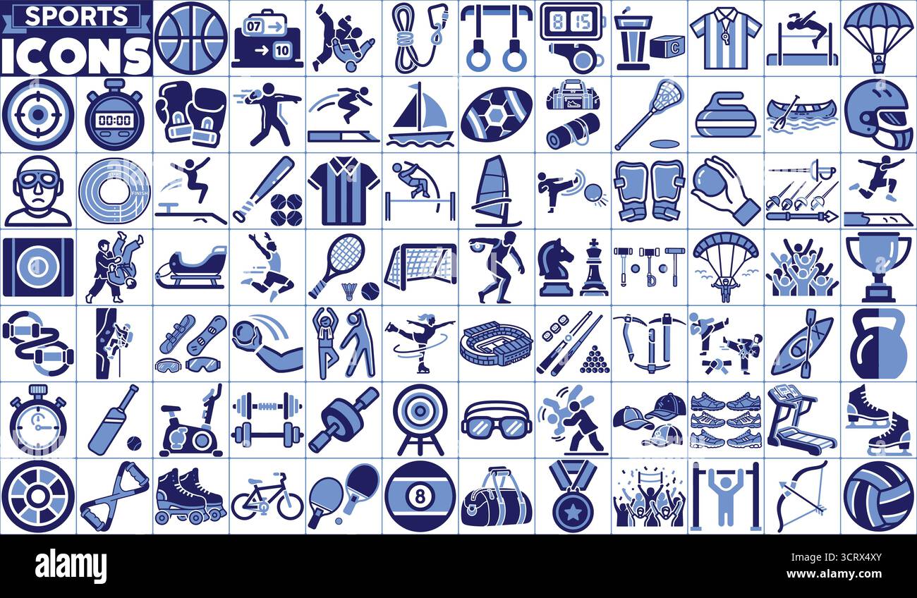 Sport Icons Kollektion - Vektorsatz von Fitness, Spielen, Ausrüstung, Training und athletischen Symbolen für Design und Branding Stock Vektor