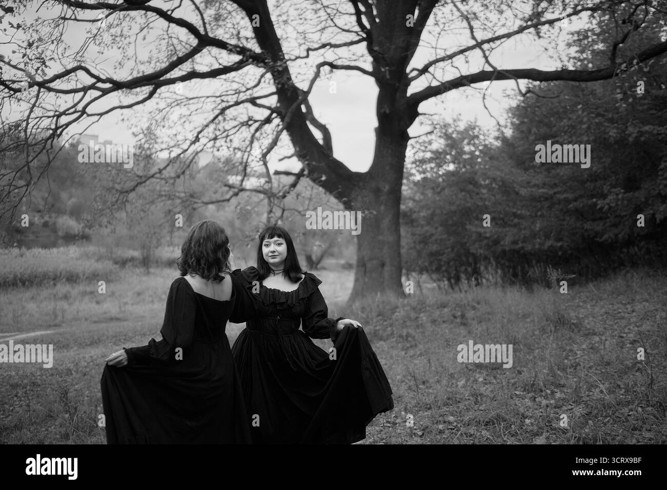 Zwei Frauen in langen schwarzen Kleidern führen zu Halloween auf einem Hügel in der Nähe einer majestätischen Eiche eine historische Nachstellung der Tanzliebhaber aus der edwardianischen Zeit vor. Stockfoto