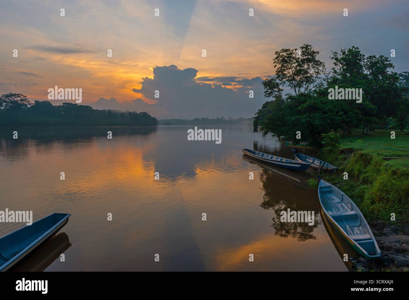 Amazonas Fluss Regenwald Sonnenaufgang mit Kanus, Cuyabeno, Ecuador. Stockfoto