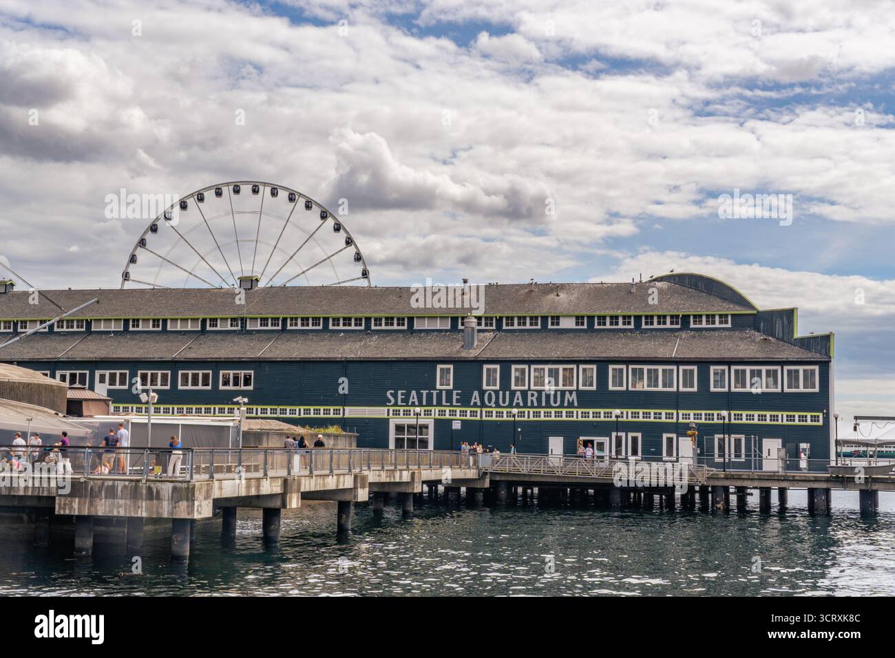 Seattle, WA, USA-17. August 2025: Die Skyline von Seattle mit Aquarium und Riesenrad befindet sich im pulsierenden, neu renovierten Hafenviertel der Stadt. Stockfoto