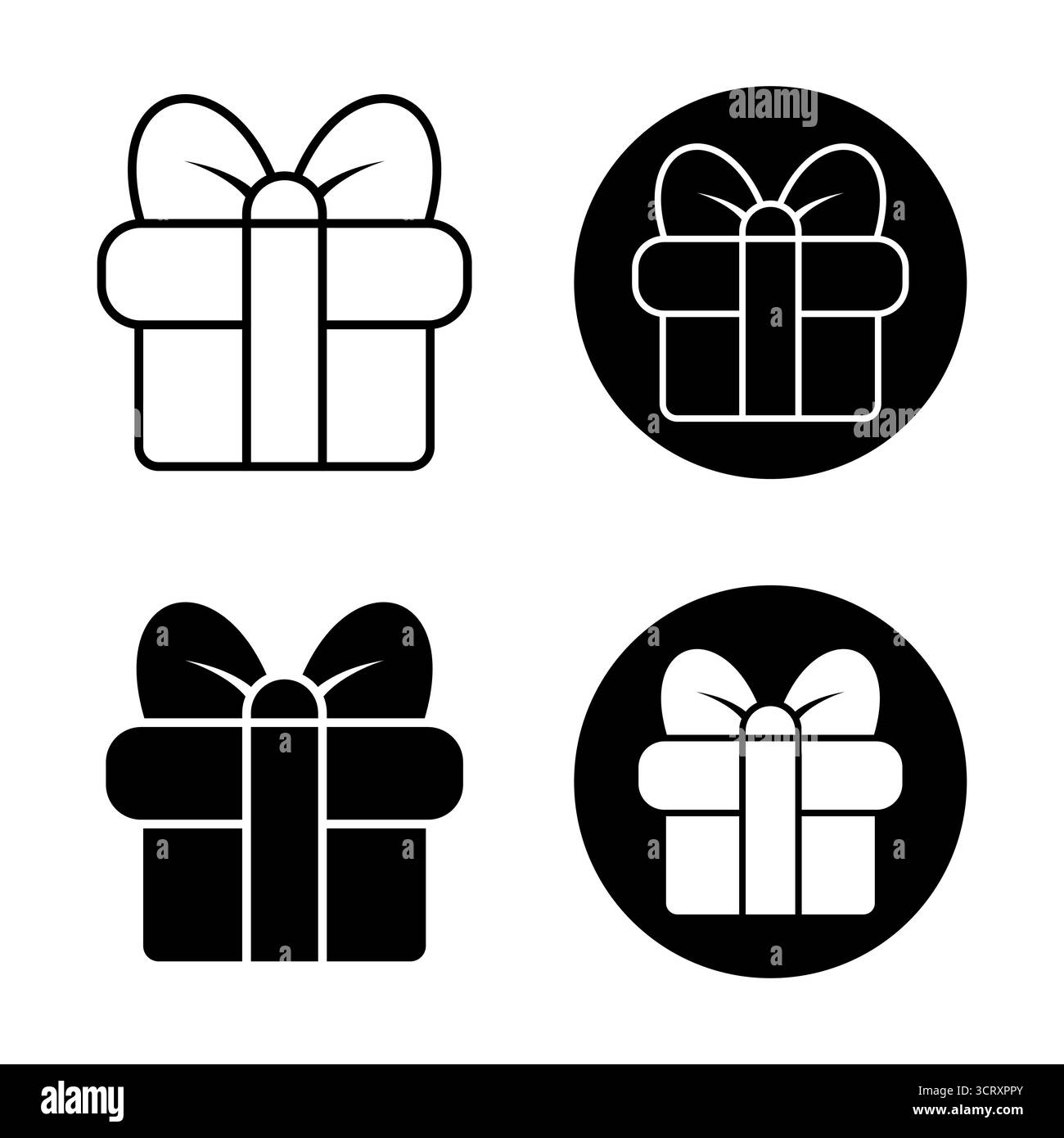 Set mit Geschenkschachtel-Symbolen mit Schleife in Schwarz-weiß-Illustration. Perfekt für die Verwendung in Weihnachtsdekorationen, Feiertagsgrafiken, festlichen Designs und Apps. Stock Vektor