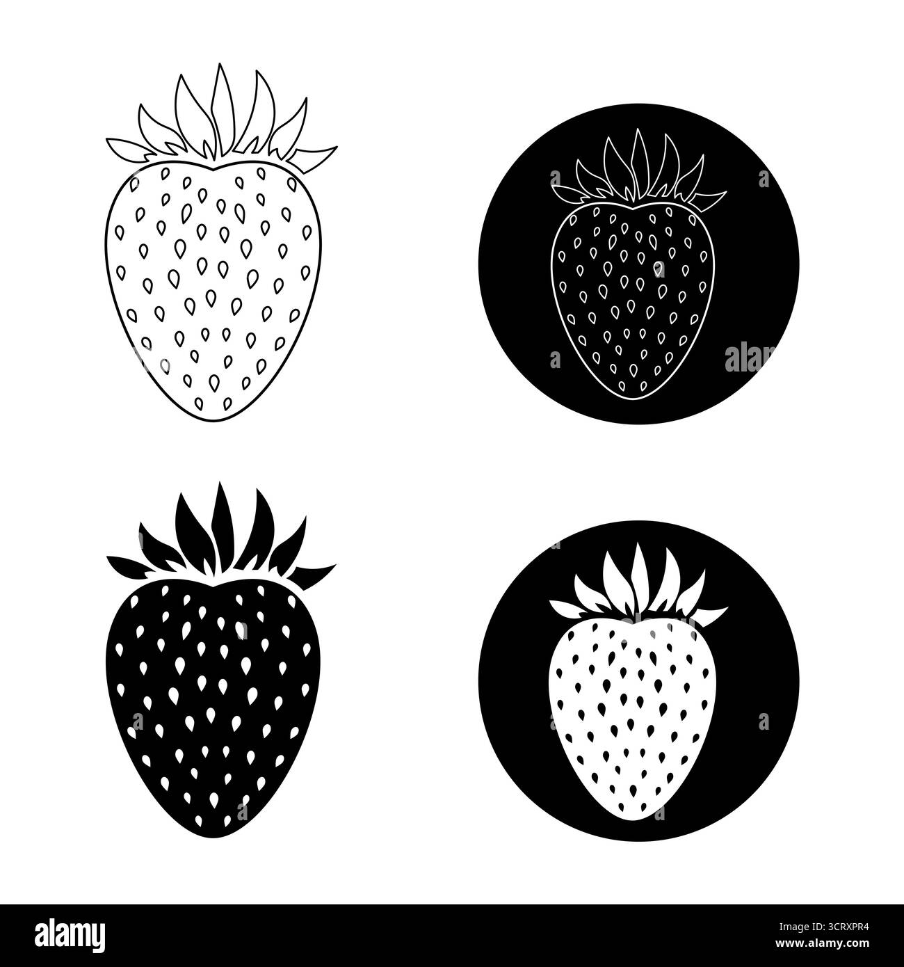 Set aus Erdbeersilhouette und Umrissdarstellung. Das Schwarzweiß-Design macht dieses Bild vielseitig für Logos, Etiketten, Ausdrucke und Verpackungen. Stock Vektor