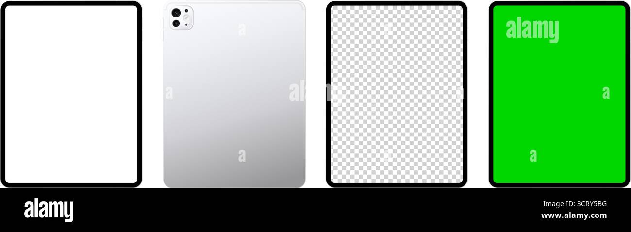 Graues Tablet-pc-Gerät, Modell-Set auf Vorder- und Rückseite. Realistisches Touchpad, Vorlage für weißen und grünen Bildschirm für Benutzeroberfläche und Werbung. Vect Stock Vektor
