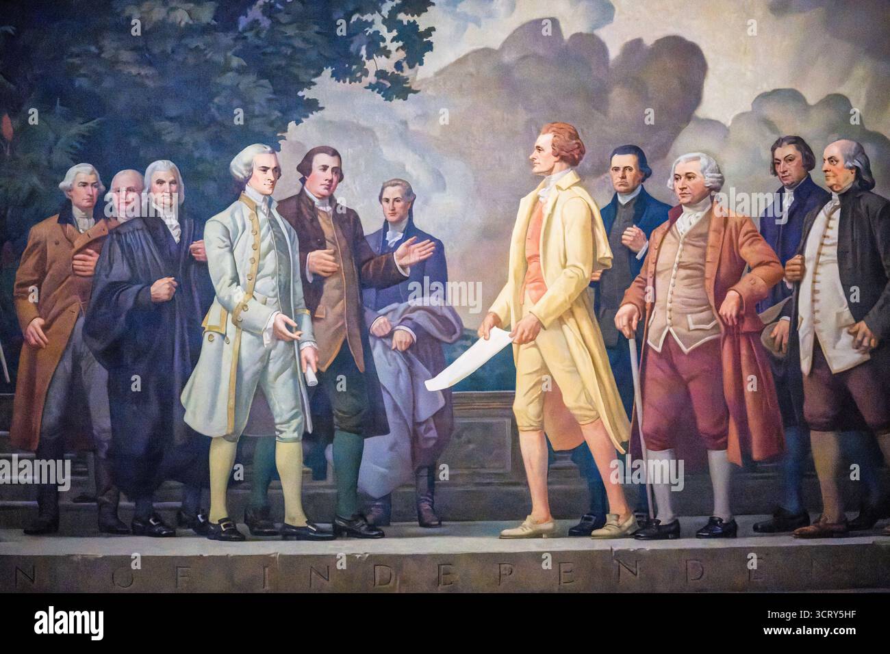 Deklaration der Unabhängigkeit National Archives Washington DC // WASHINGTON DC – das Deklaration der Unabhängigkeit Wandbild von Barry Faulkner stellt das fünf-Komitee dar, das den Entwurf der Deklaration vor dem Zweiten Kontinentalkongress präsentiert. Thomas Jefferson zeigt das Dokument, flankiert von John Adams, Benjamin Franklin, Roger Sherman und Robert R. Livingston. Dieses bedeutende Kunstwerk befindet sich in der Rotunde des National Archives Building. Das Nationalarchiv ist das offizielle Archiv für die wichtigsten Dokumente der Nation, einschließlich der ursprünglichen Inde-Erklärung Stockfoto