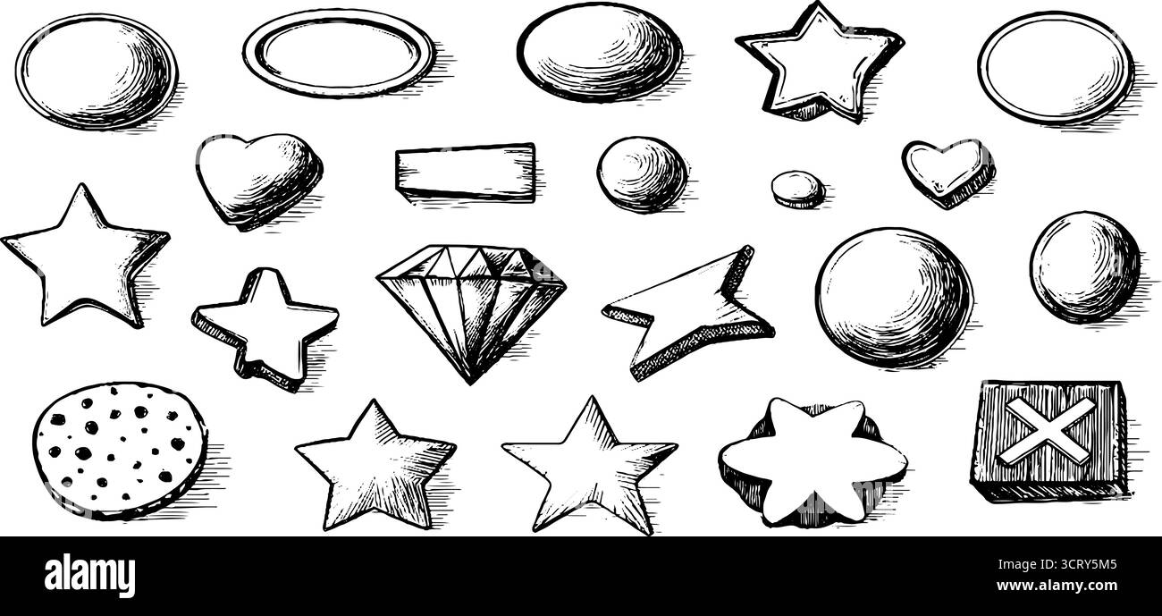 Handgezeichnetes Set mit Kritzelsymbolen mit runden ovalen quadratischen Formen für kreatives Design. Stock Vektor