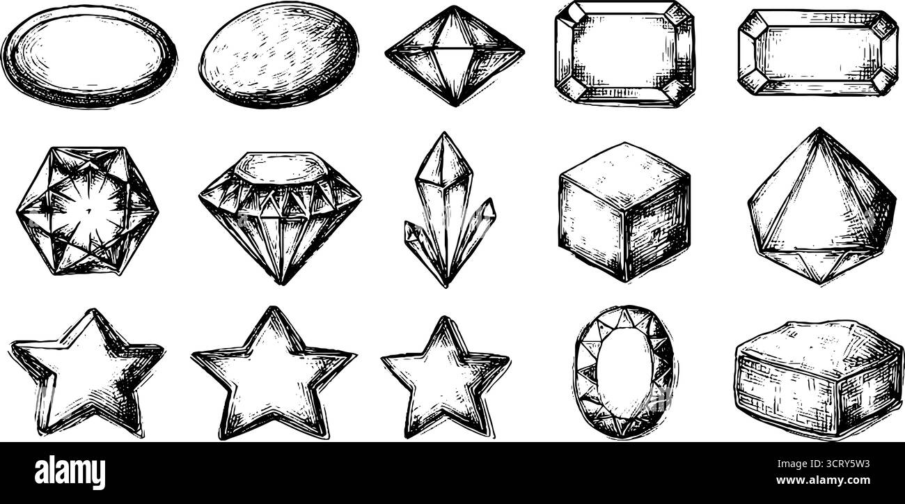 Handgezeichnetes Doodle-Symbol Set aus geometrischen Formen und Edelsteinen für Designprojekte. Stock Vektor