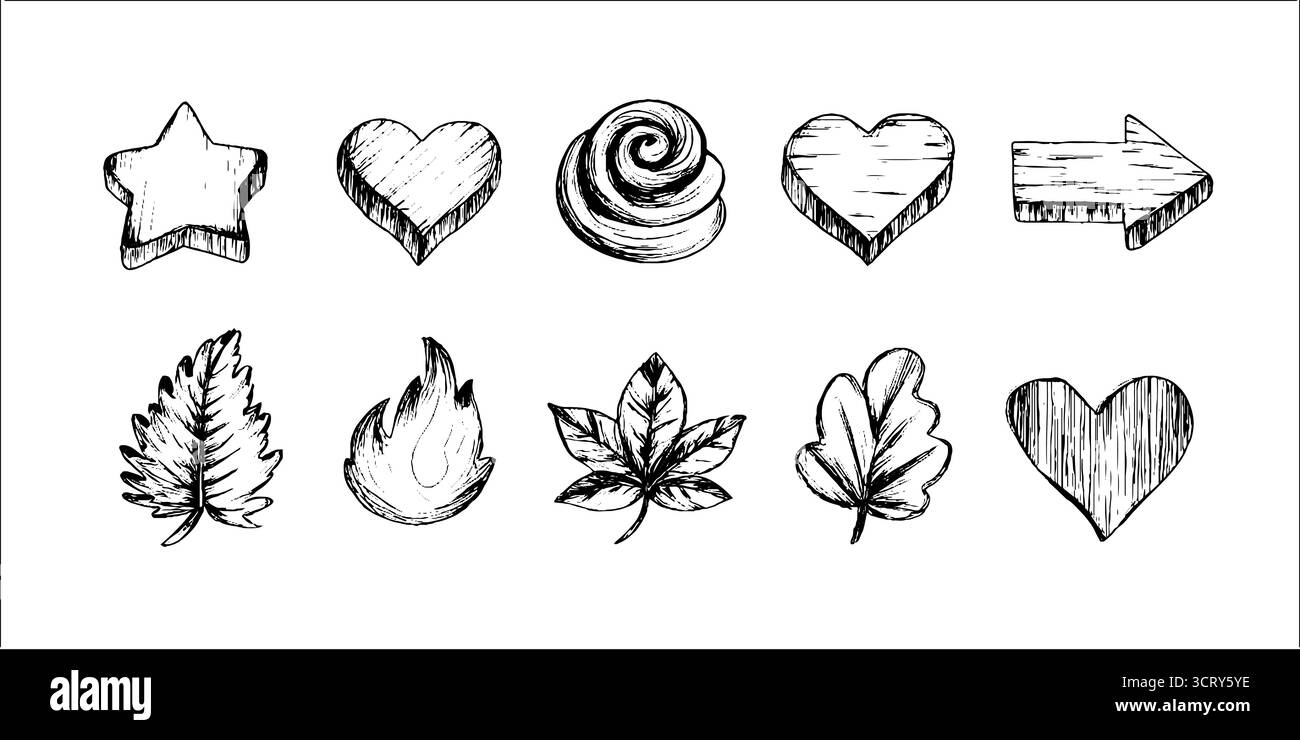 Handgezeichnetes Doodle-Symbol-Set mit Herzen, Sternen, Pfeilen und Blättern - perfekt für Design und Dekoration. Stock Vektor