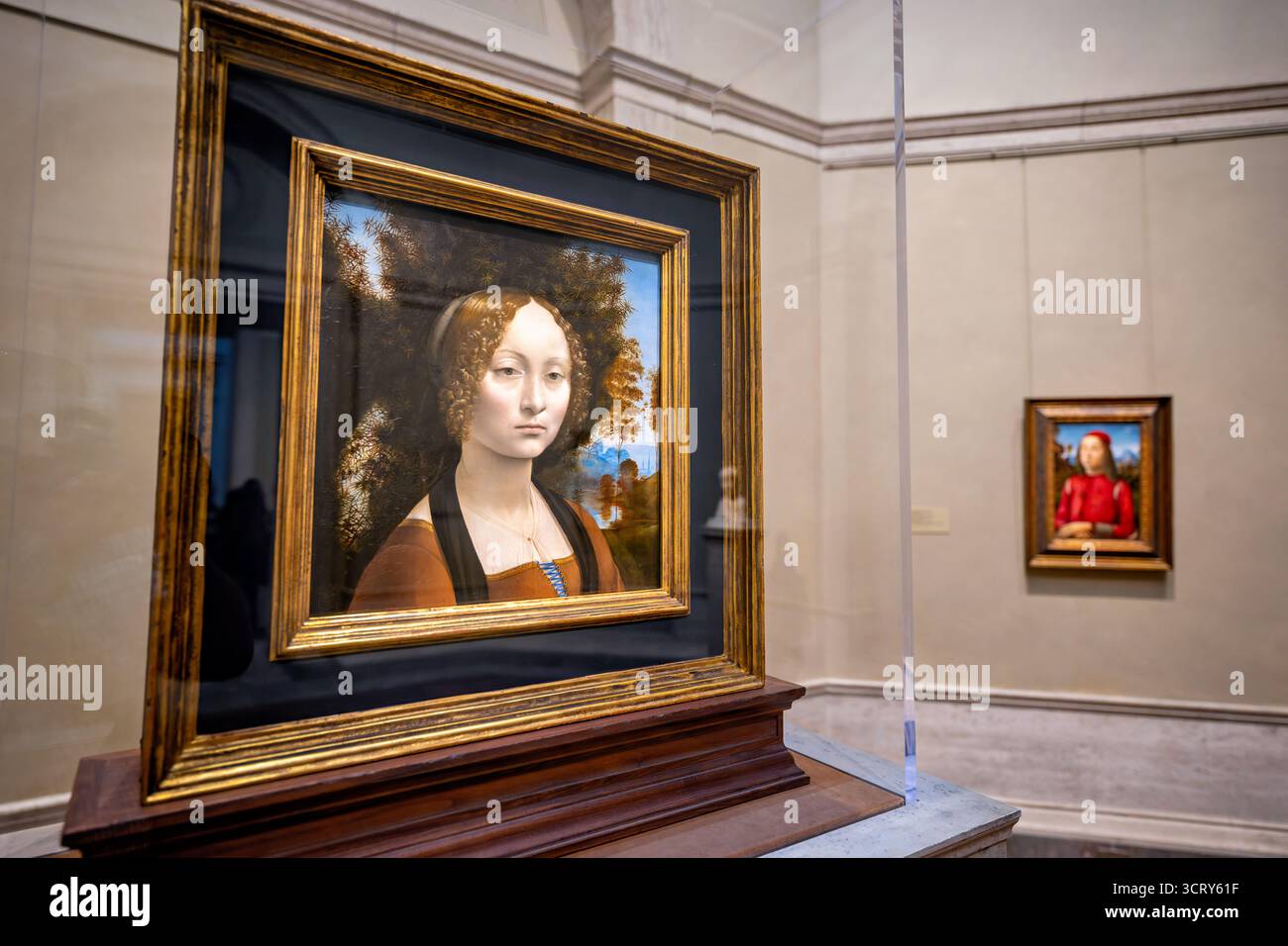 Ginevra de Benci National Gallery of Art Washington DC // WASHINGTON DC — Leonardo da Vincis ikonisches Renaissanceporträt Ginevra de' Benci ist in der National Gallery of Art zu sehen Das um 1474–1478 in Öl auf Holztafeln gemalte Kunstwerk ist das einzige Gemälde von Leonardo da Vinci in Amerika. Im Hintergrund ist auch Agnolo (oder Donnino) di Domenico del Mazziere’s Jugendporträt, das zwischen 1495 und 1500 entstanden ist, Teil der Sammlung des Museums. Die National Gallery of Art, eine weltbekannte Institution in der National Mall, beherbergt eine riesige Sammlung westlicher Kunst. Stockfoto