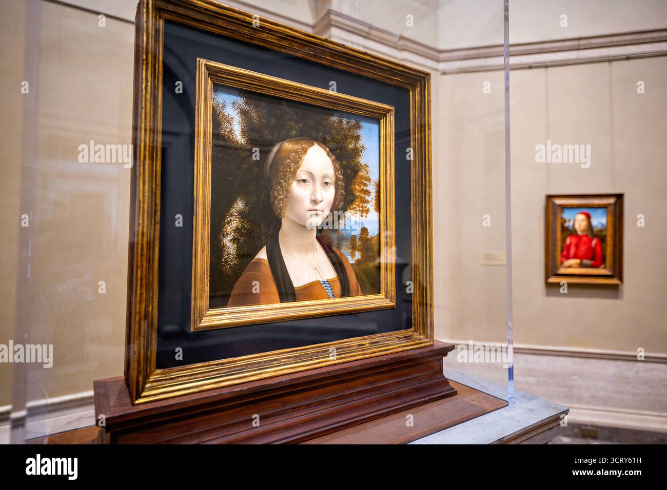 National Gallery of Art Ginevra de Benci Washington DC // WASHINGTON DC — Leonardo da Vincis Ginevra de’ Benci, ein Ölgemälde und das einzige Werk des Künstlers in Amerika, wird in der National Gallery of Art hervorgehoben Dieses Porträt aus der Frührenaissance, datiert um 1474–1478, ist ein Eckpfeiler der Museumssammlung. Im Hintergrund ist auch Agnolo (oder Donnino) di Domenico del Mazziere’s Portrait of a Youth, eine Tempera auf der Tafel von ca. 1495–1500, zu sehen. Die National Gallery of Art ist eine renommierte Institution in Washington, D.C., die eine umfassende Sammlung von AR beherbergt Stockfoto National Gallery of Art Ginevra de Benci Washington DC // WASHINGTON DC — Leonardo da Vincis Ginevra de’ Benci, ein Ölgemälde und das einzige Werk des Künstlers in Amerika, wird in der National Gallery of Art hervorgehoben Dieses Porträt aus der Frührenaissance, datiert um 1474–1478, ist ein Eckpfeiler der Museumssammlung. Im Hintergrund ist auch Agnolo (oder Donnino) di Domenico del Mazziere’s Portrait of a Youth, eine Tempera auf der Tafel von ca. 1495–1500, zu sehen. Die National Gallery of Art ist eine renommierte Institution in Washington, D.C., die eine umfassende Sammlung von AR beherbergt Stockfoto