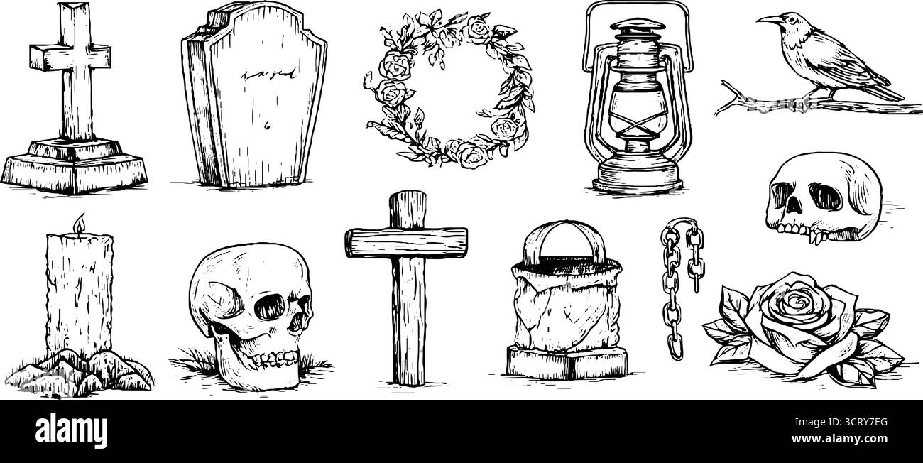 Handgezeichnete Doodle Icons Kollektion mit Sarg, Grabstein, Laterne und Totenkopf im Vintage-Stil für halloween-Design. Stock Vektor