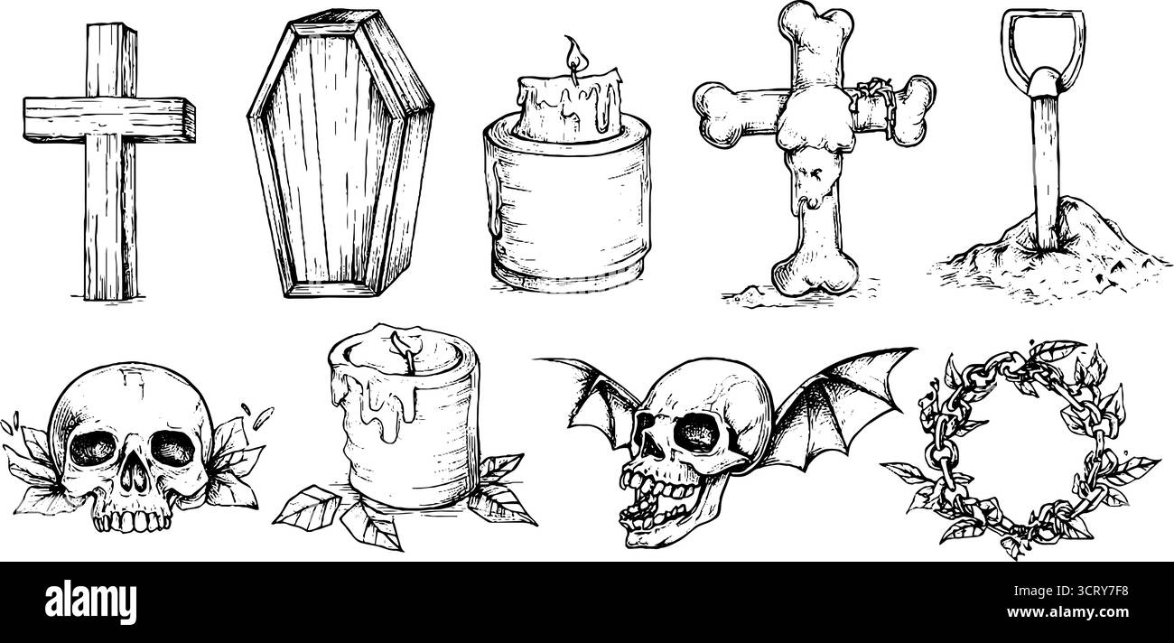 Halloween Gothic Ikonen Set: Kreuze, Särge, Schädel und Kerzen für gruselige Designs. Stock Vektor