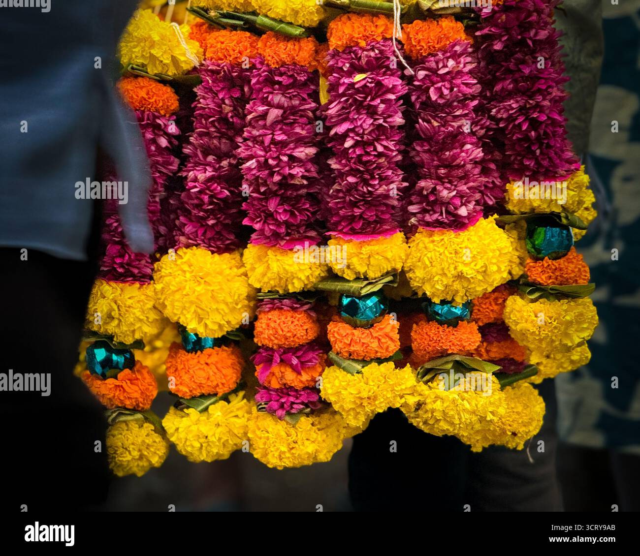 Farbenfrohe Blumengirlande von Ringelblumen (gonda) und frischen violetten Chrysanthemen (Aster) auf einem traditionellen Blumenmarkt. Stockfoto