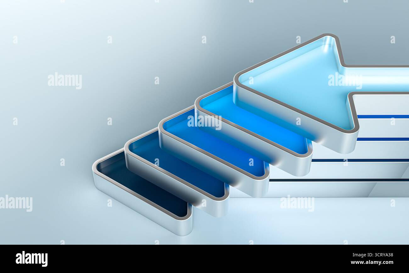 Blaue Balkendiagrammpfeile 3D symbolisieren den Erfolg des Fortschritts Stockfoto
