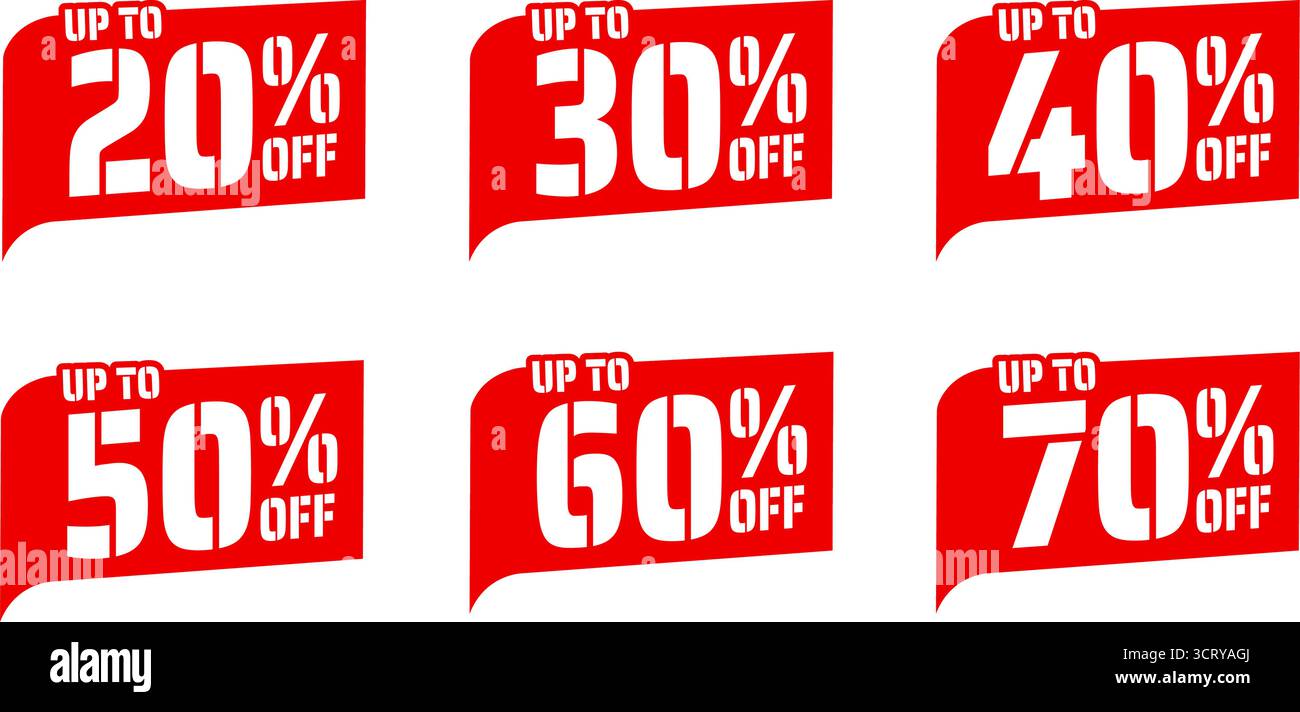 Bis zu 20 30 40 50 60 70 % Rabatt auf das Stickerset Stock Vektor