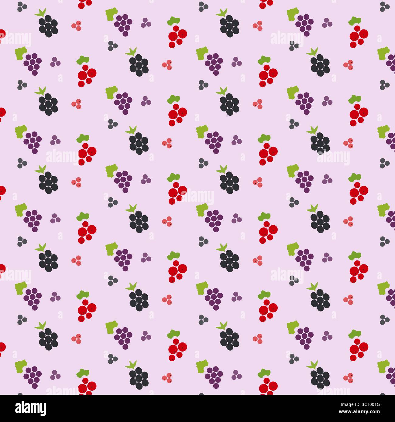 Ein lebhaftes Muster mit verschiedenen Linien-Ikonen von Trauben in Rot-, Lila- und Schwarztönen vor einem sanften rosa Hintergrund. Dieses verspielte Design verleiht jedem Projekt einen fröhlichen Touch. Stock Vektor