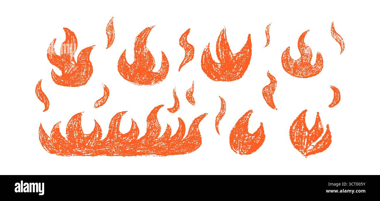 Set von Feuerflammen-Doodle-Sammlung. Handgezeichneter Buntstift, Pastell- und Kreidebeschaffenheit Feuersymbole, Grunge-Elemente im Skizzenstil. Die rote Vektordarstellung ist Stockfoto