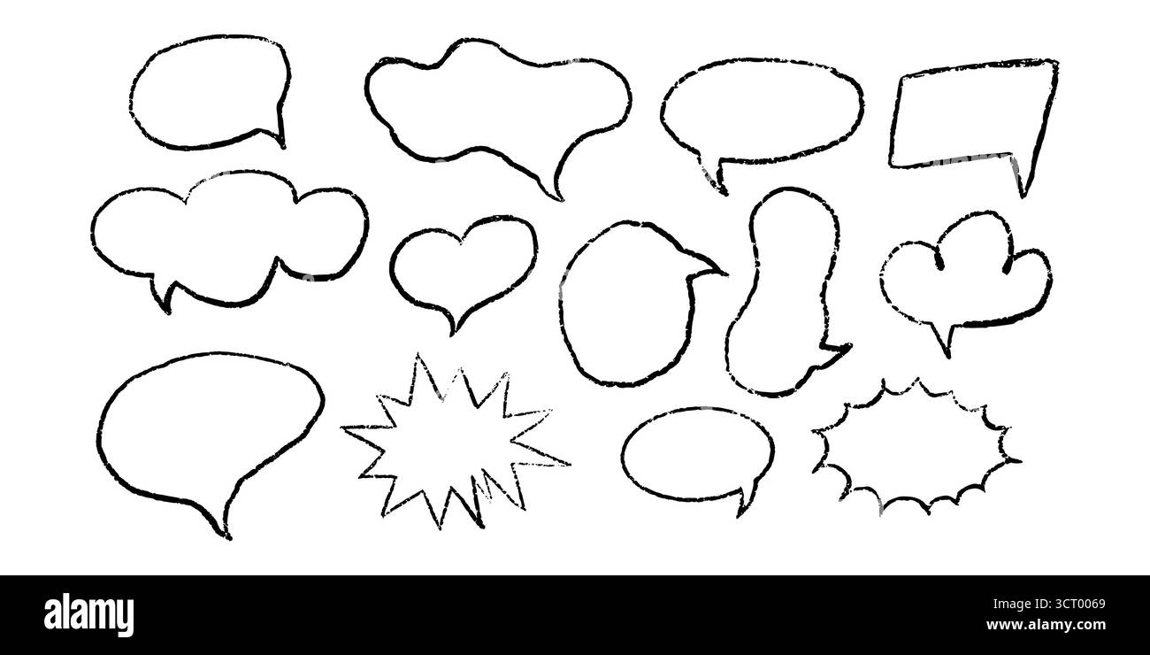Kreidebleistift Sprechblase-Doodle-Set. Buntstift gezeichnete Comic-Sprechballons und Chat-Symbole mit Grunge-Sketch-Textur. Handgezeichnete Kommunikationsrahmen VEC Stockfoto