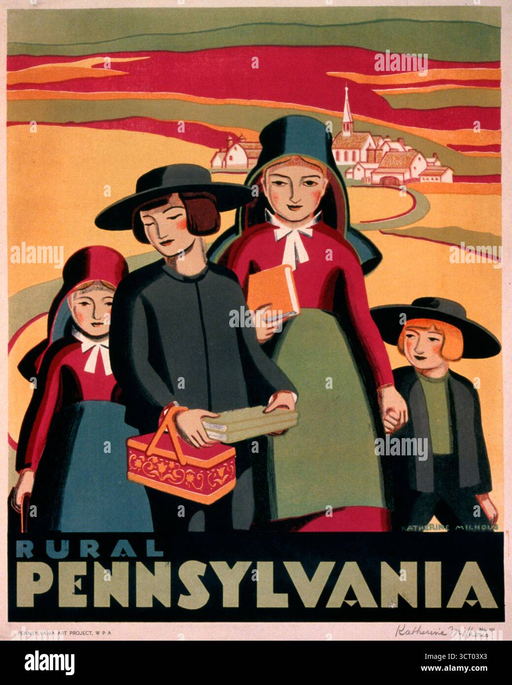 Country Pennsylvania – Poster für Pennsylvania, auf dem Kinder aus einer religiösen Gemeinschaft gezeigt werden. WPA-Poster in den 1930er Jahren Stockfoto