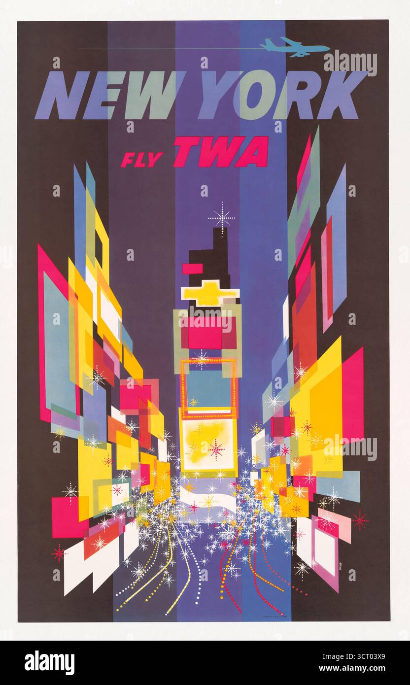 Fly TWA New York - Poster zeigt eine abstrakte Interpretation des Times Square in New York mit einem TWA-Jet und Jetstream am oberen Bildrand., ca. 1960 Stockfoto