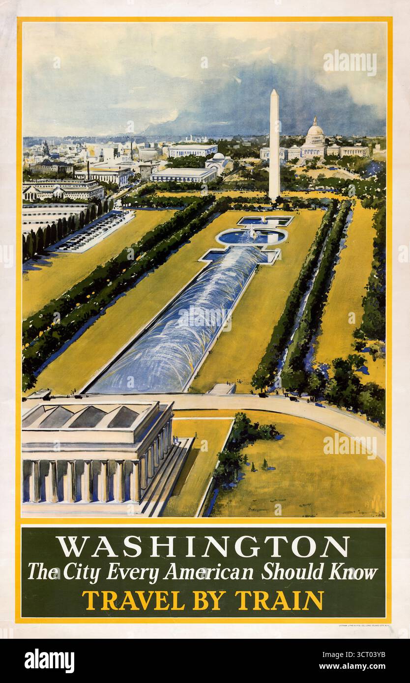 Washington, die Stadt, die jeder Amerikaner kennen sollte Reisen mit dem Zug – Poster zeigt die National Mall mit Lincoln Memorial, The Reflecting Pool und dem US Capitol 1930s Travel Poster Stockfoto