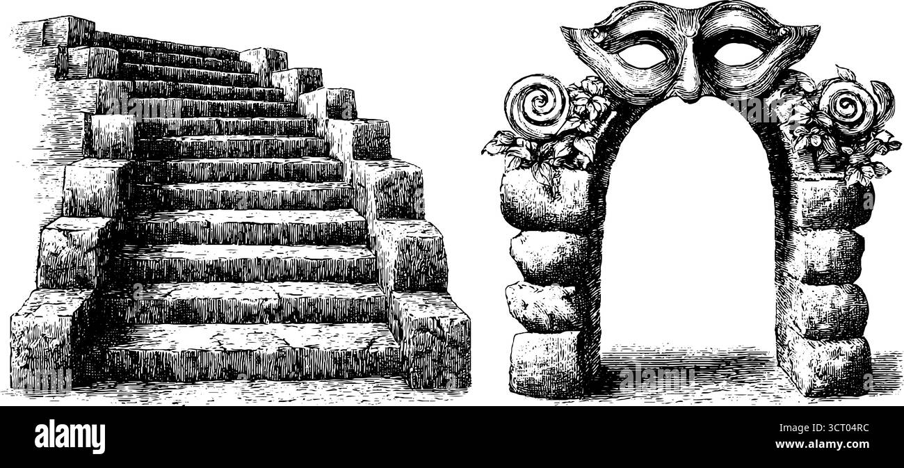 Detaillierte Amphitheatersteine und dekorative Illustration mit Bogengravur für Design- und Dekorationsprojekte. Stock Vektor